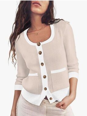 Crewneck Button-Front Lightweight Women's Sweater Cardigan - Apricot/White